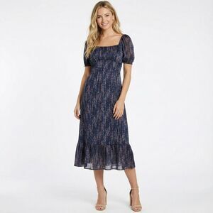 Sadie & Sage Navy Fireworks Midi Dress NWT Small Floral Puff Sleeve Smocked Boho